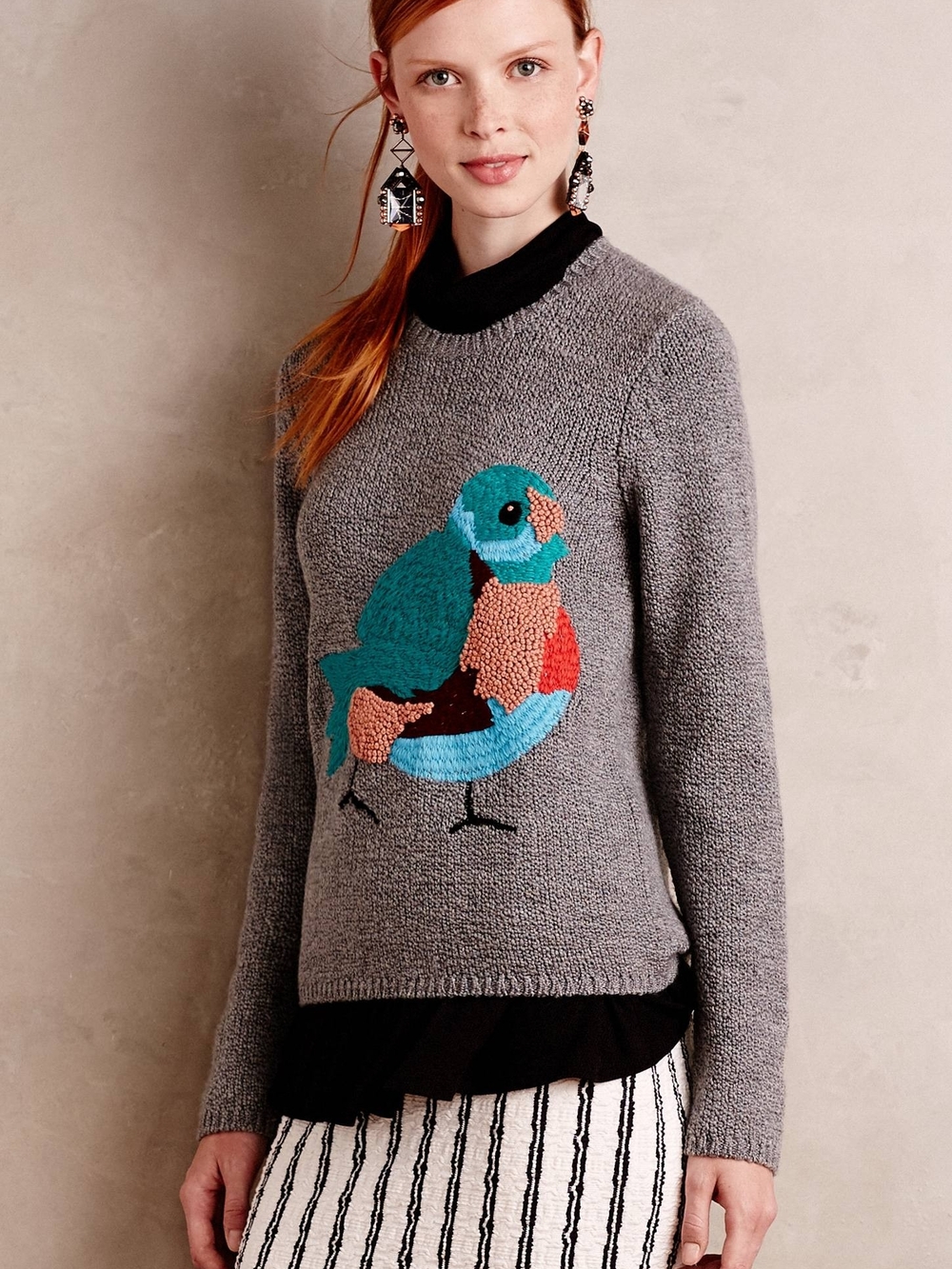100%wool .Gray Women's Bird Applique Sweater - Gray